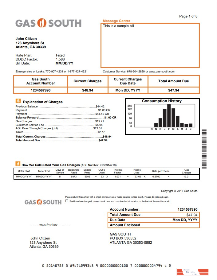 USA New York Gas South utility bill template in Word and PDF format